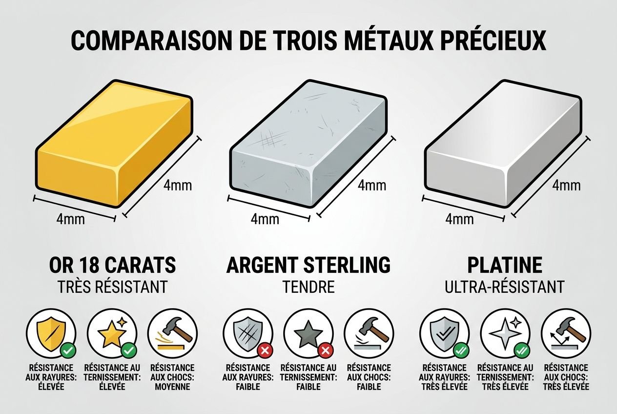 Comparison de trois métaux précieux: or 18 carats, argent sterling et platine, montrant dimensions 4x4x4 cm et leur résistance oscillant. Effets d’usure et durabilité selon chaque métal. alliance ou ou argent mariage intégrer: "Alliance ou ou argent mariage : comparaison des métaux précieux pour homme et femme"