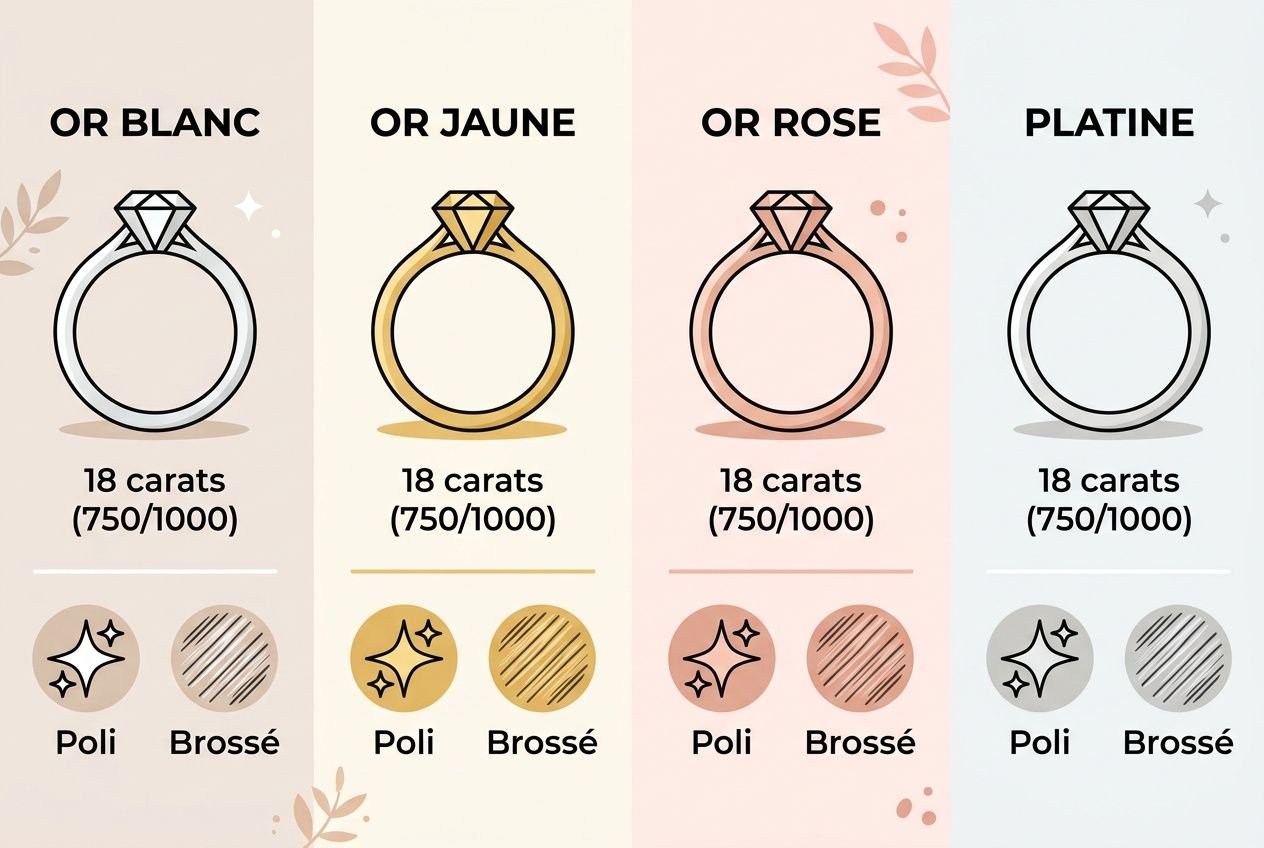 Création bague fiancaille sur mesure : planches couleur avec choix métal et finitions pour bagues de fiançailles, 18 carats et options Poli/Brossé