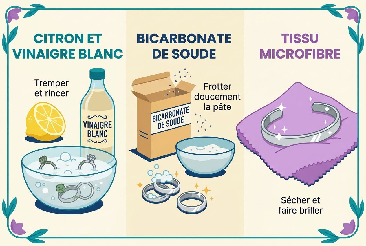 Description alt: Diagramme illustrant trois méthodes: citron et vinaigre blanc pour tremper et rincer, bicarbonate de soude frottant les bijoux, et tissu microfibre pour sécher et faire briller. Intègre l’entretien bijoux argent.