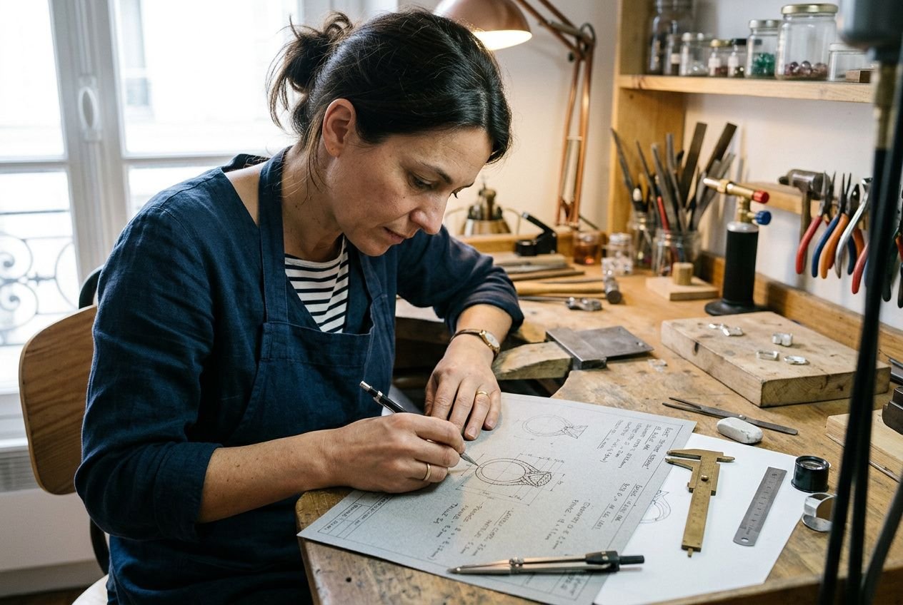 Dessin technique bijouterie : artisan dessinant un croquis sur papier, outils et matériel de bijouterie sur le plan de travail.