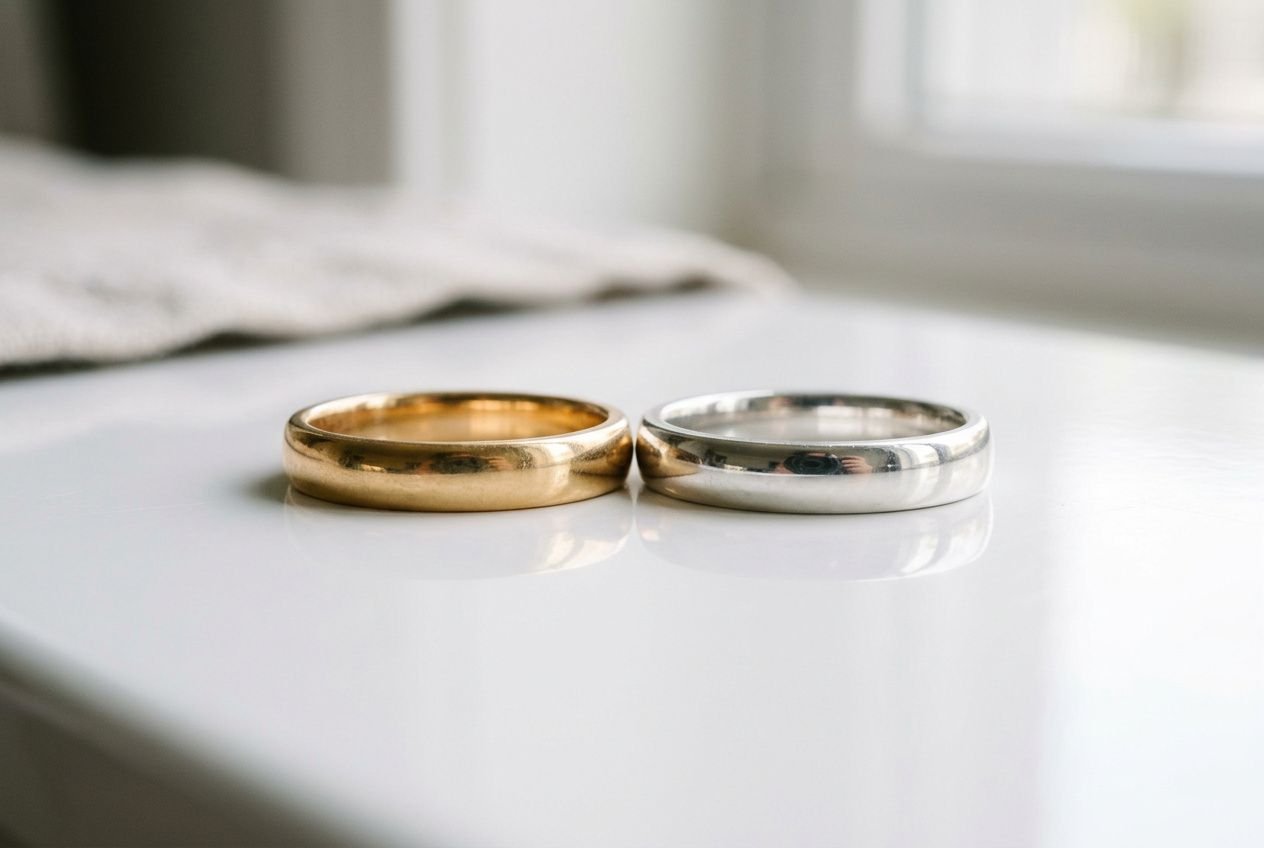 Deux alliances, l'une en or et l'autre en argent, posées sur une surface blanche. alliance ou ou argent mariage, choix masculin et féminin pour l'alliance idéale.