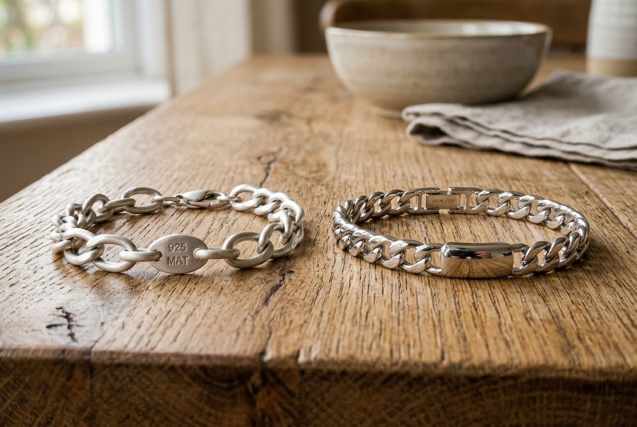 Deux bracelets en argent argent massif ou plaqué argent posés sur une table en bois.