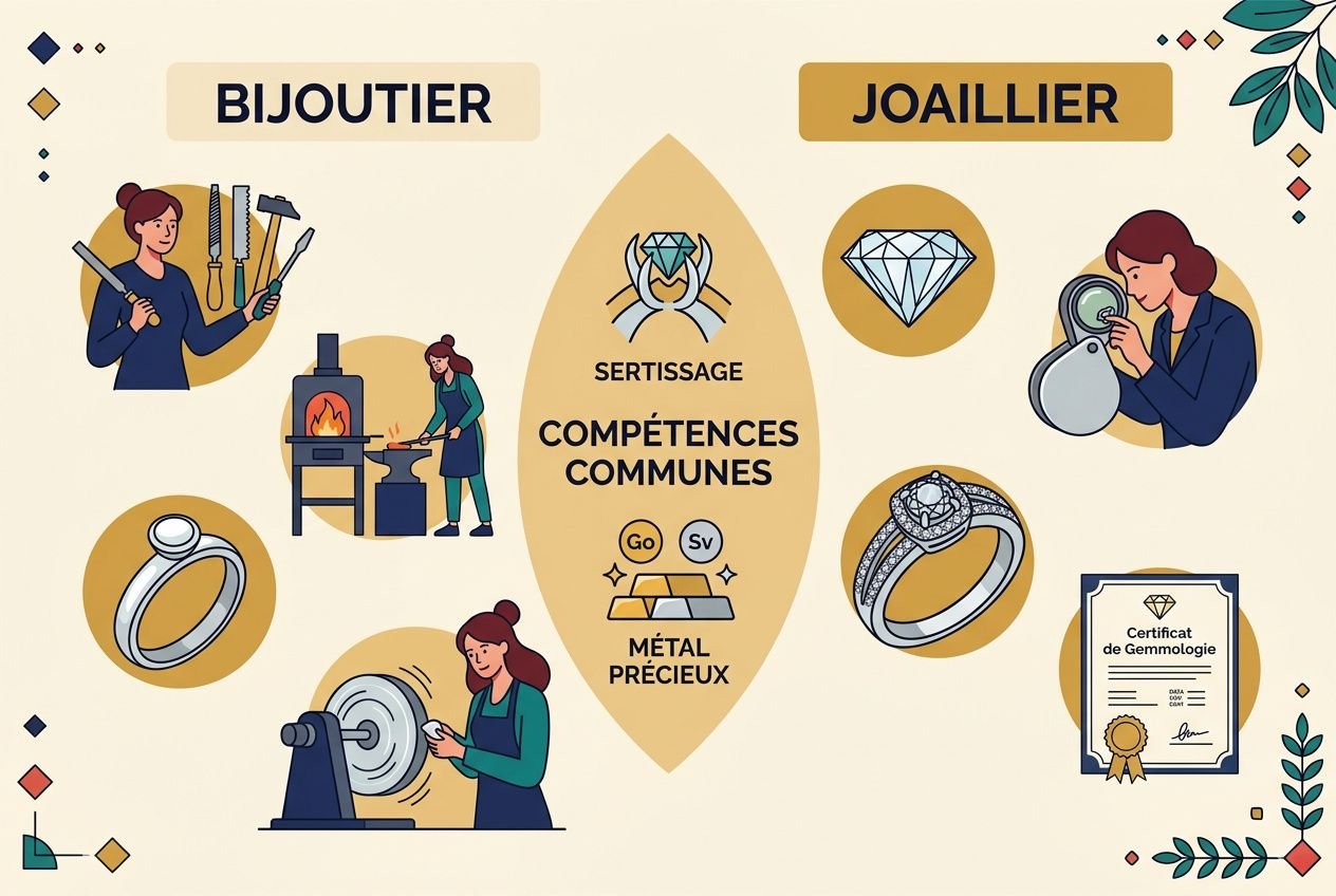 Deux métiers: Bijoutier et Joaillier, scènes d’atelier avec outils, bijou, et certification “Compétences communes” pour devenir comment devenir joaillier artisan.