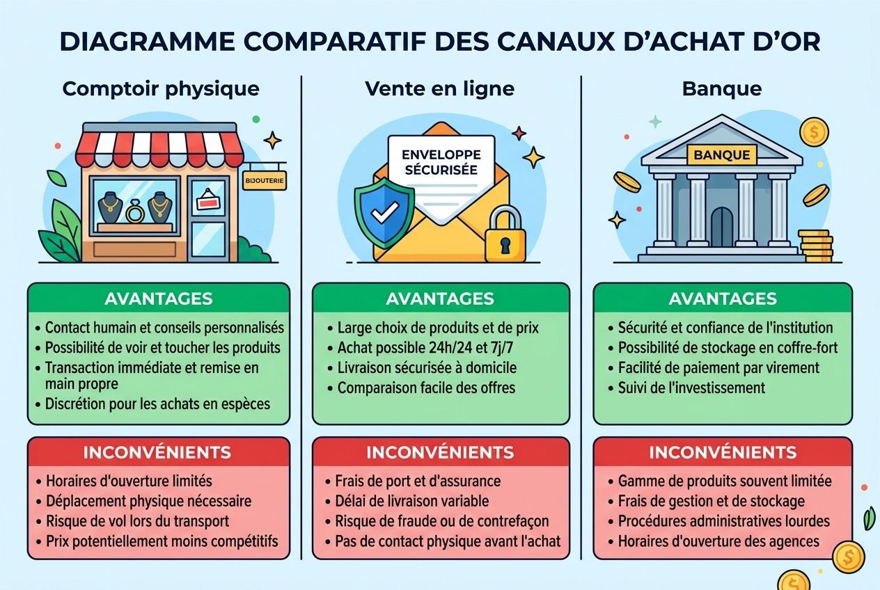 Diagramme comparatif des canaux d’achat d’or : boutique physique, vente en ligne et banque, avec avantages et inconvénients. Où revendre de l'or au meilleur prix.