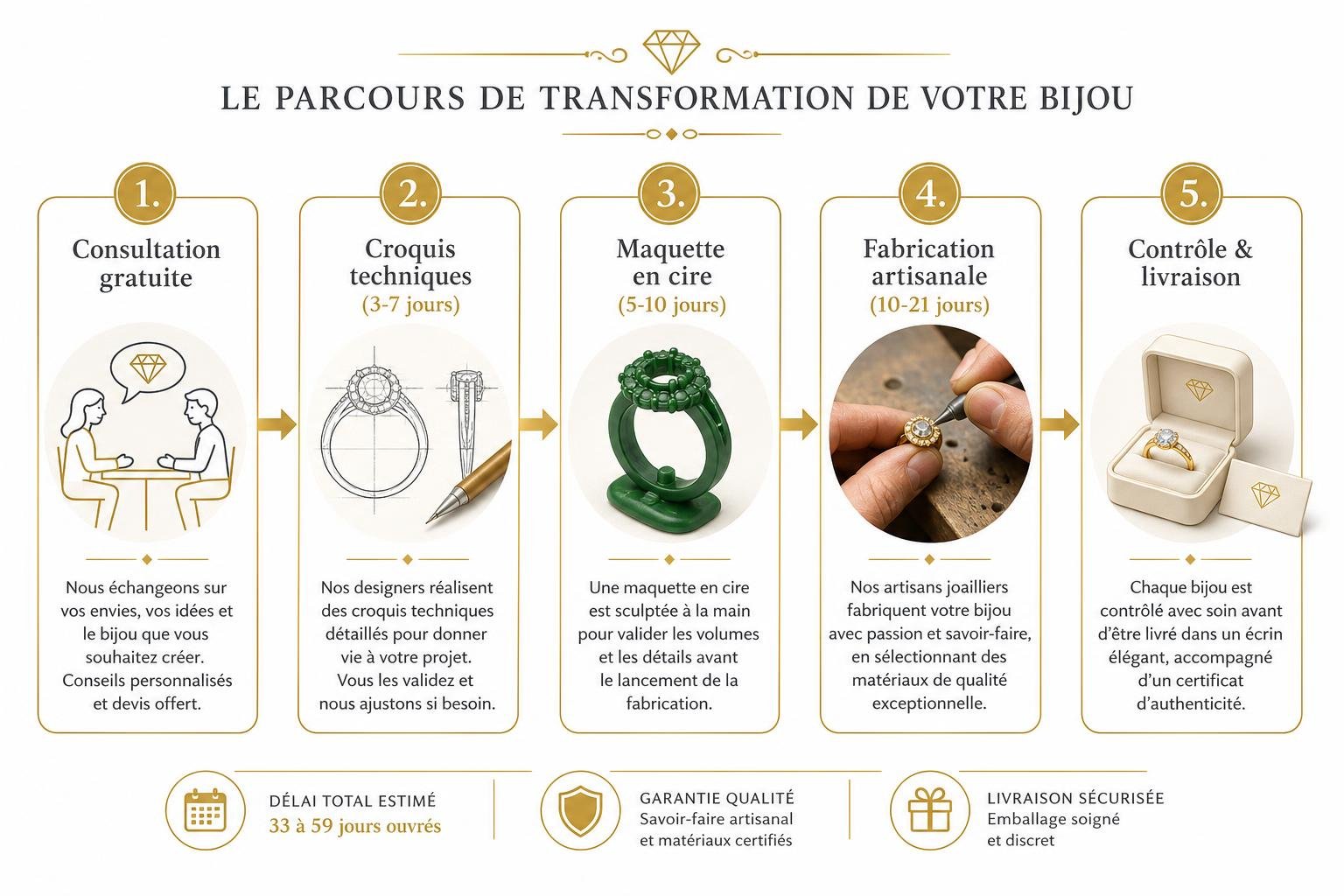 Diagramme étape par étape sur la « réparation bijoux anciens » montrant consultation gratuite, croquis techniques, maquette en cire, fabrication artisanale et contrôle/livraison.