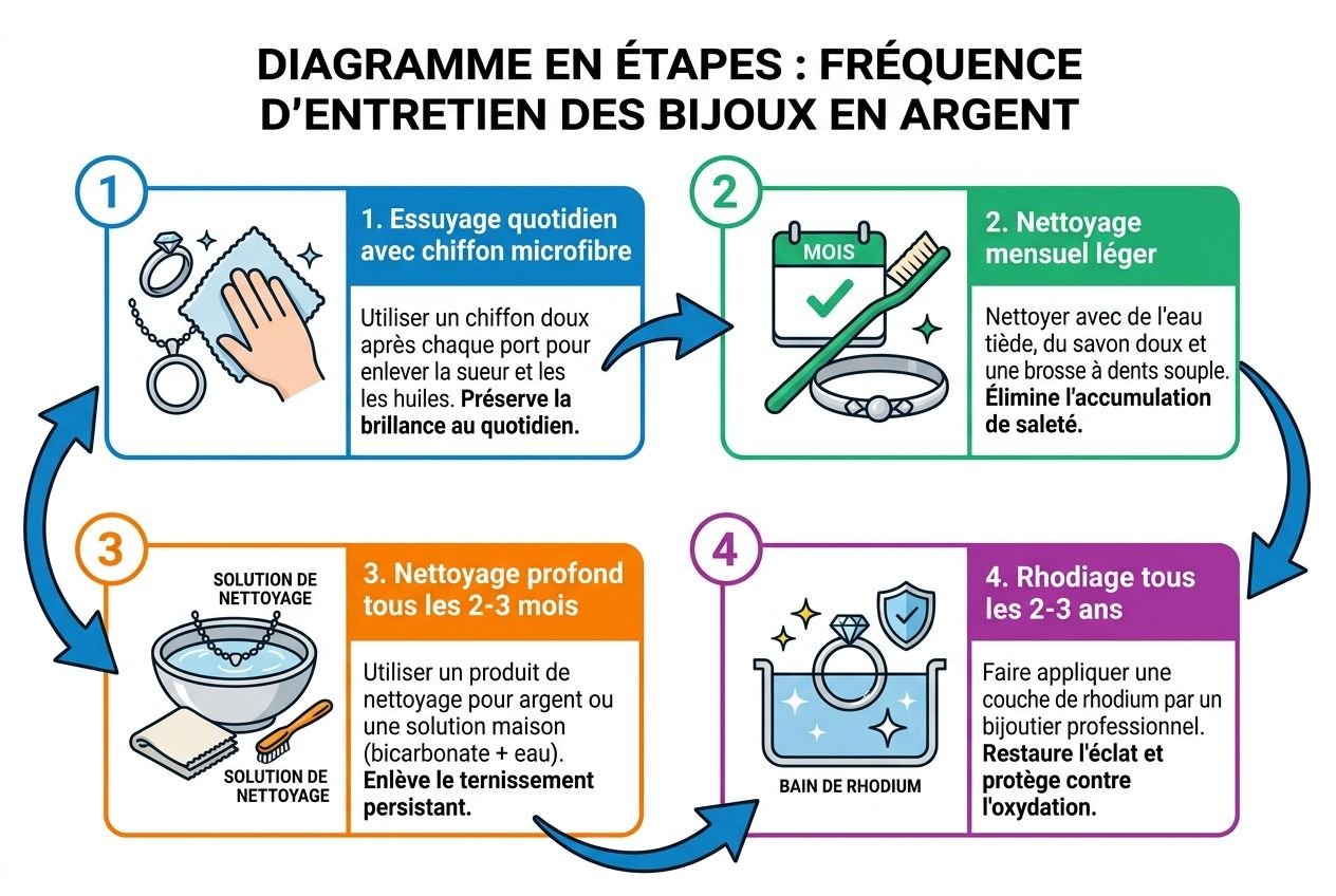 Diagramme en étapes expliquant comment nettoyer bijoux argent noircis avec conseils et fréquence d’entretien, étape par étape.