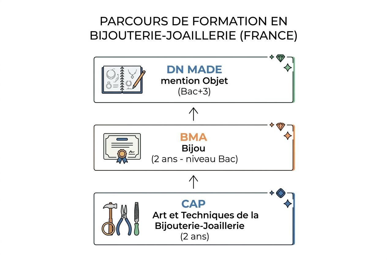Diagramme de formation en bijouterie-joaillerie (France) montrant CAP Art et Techniques de la Bijouterie-Joaillerie, BMA Bijou, DN MADE mention Objet, avec flèches ascendantes. intégration du cours de bijouterie.