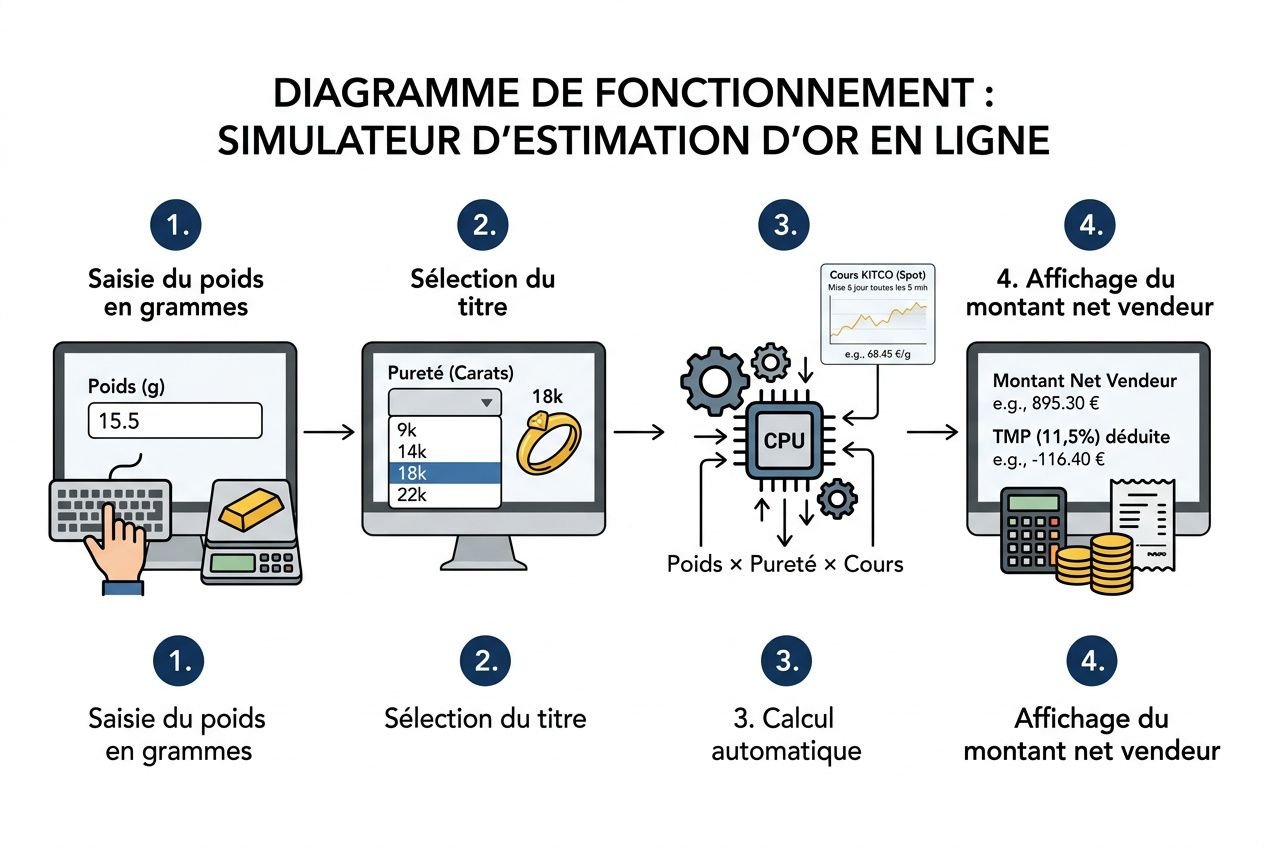 Diagramme montrant le fonctionnement d’un simulateur d’estimation d’or en ligne pour bijoux en or 18 carats, étape par étape.