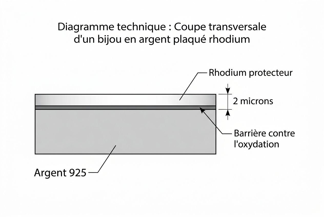 Diagramme technique: coupe transversale d'un bijou en argent plaqué rhodium avec couche rhodium protecteur et barrière contre l’oxydation, montrant l’argent 925.