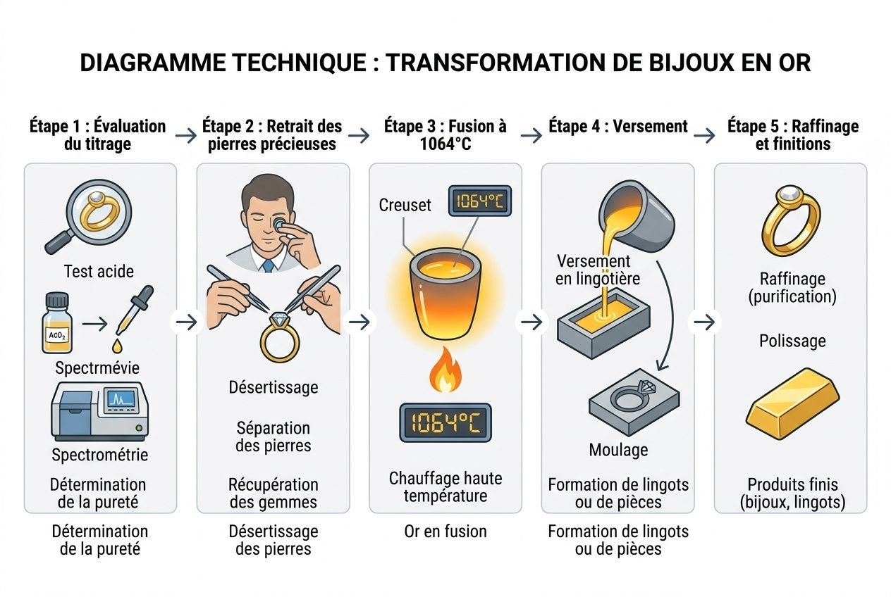 Diagramme technique : transformation de bijoux en or avec étapes (évaluation, retrait des pierres, fusion à 1064°C, moulage et finition) intégrant le thème « comment faire fondre des bijoux en or ».