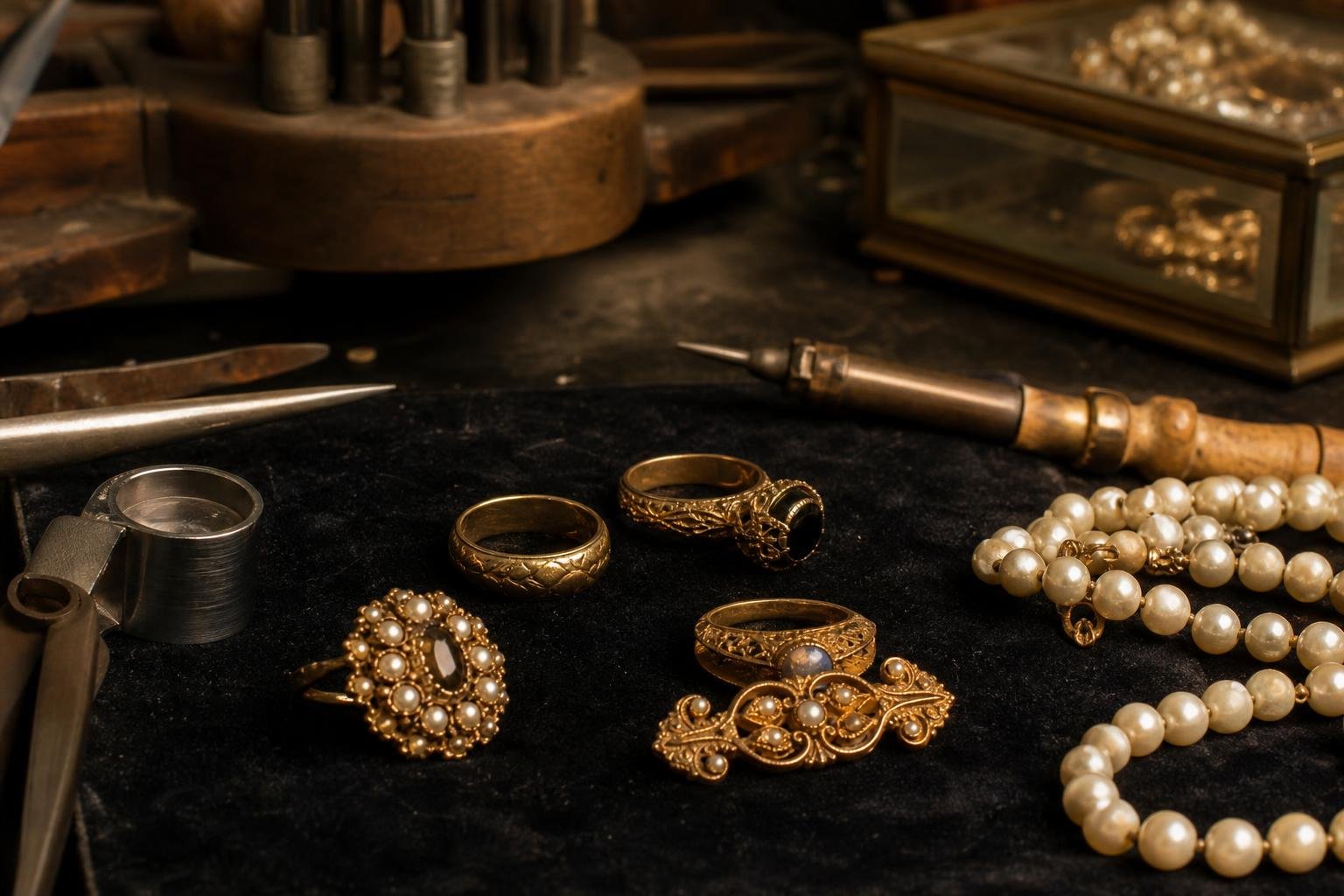 Ensemble de bijoux anciens en cours de réparation sur un établi, comprenant bagues en or gravées et perles, outils et loupe de joaillerie. Réparation bijoux anciens.