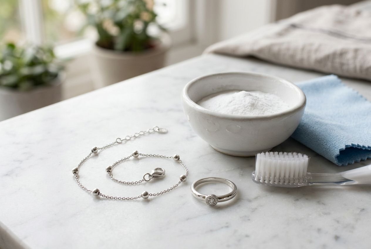 Ensemble de bijoux en argent à entretenir: bracelet et bague posés sur un plateau, brosse et poudre dans un bol, linge bleu clair à côté. intégration du mot-clé: entretien bijoux argent.