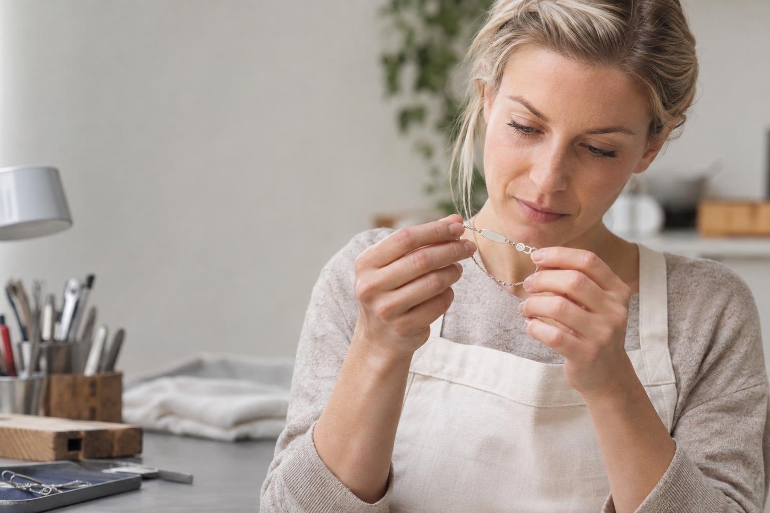 Femme ajustant un bracelet hypoallergénique pour enfant, ambiance lumineuse et atelier.