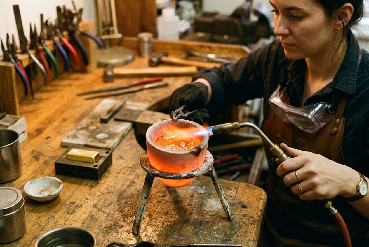 Femme artisan utilisant un chalumeau pour faire fondre de l’or dans un petit four sur table de travail.