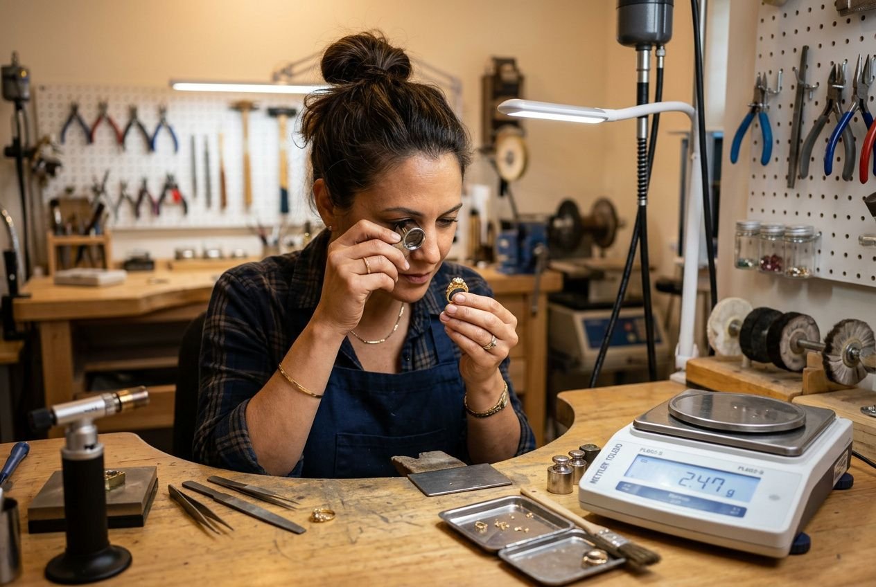Femme bijoutière inspectant un anneau à l’aide d’une loupe près d’une balance électronique, établi équipant son atelier. Estimation bijoux or 18 carats efficace.