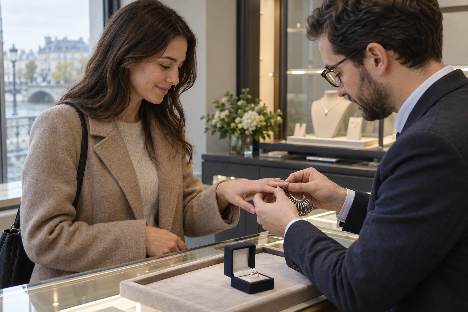 Une femme écoute un vendeur qui lui montre une bague pour mesurer son doigt dans une boutique de joaillerie.