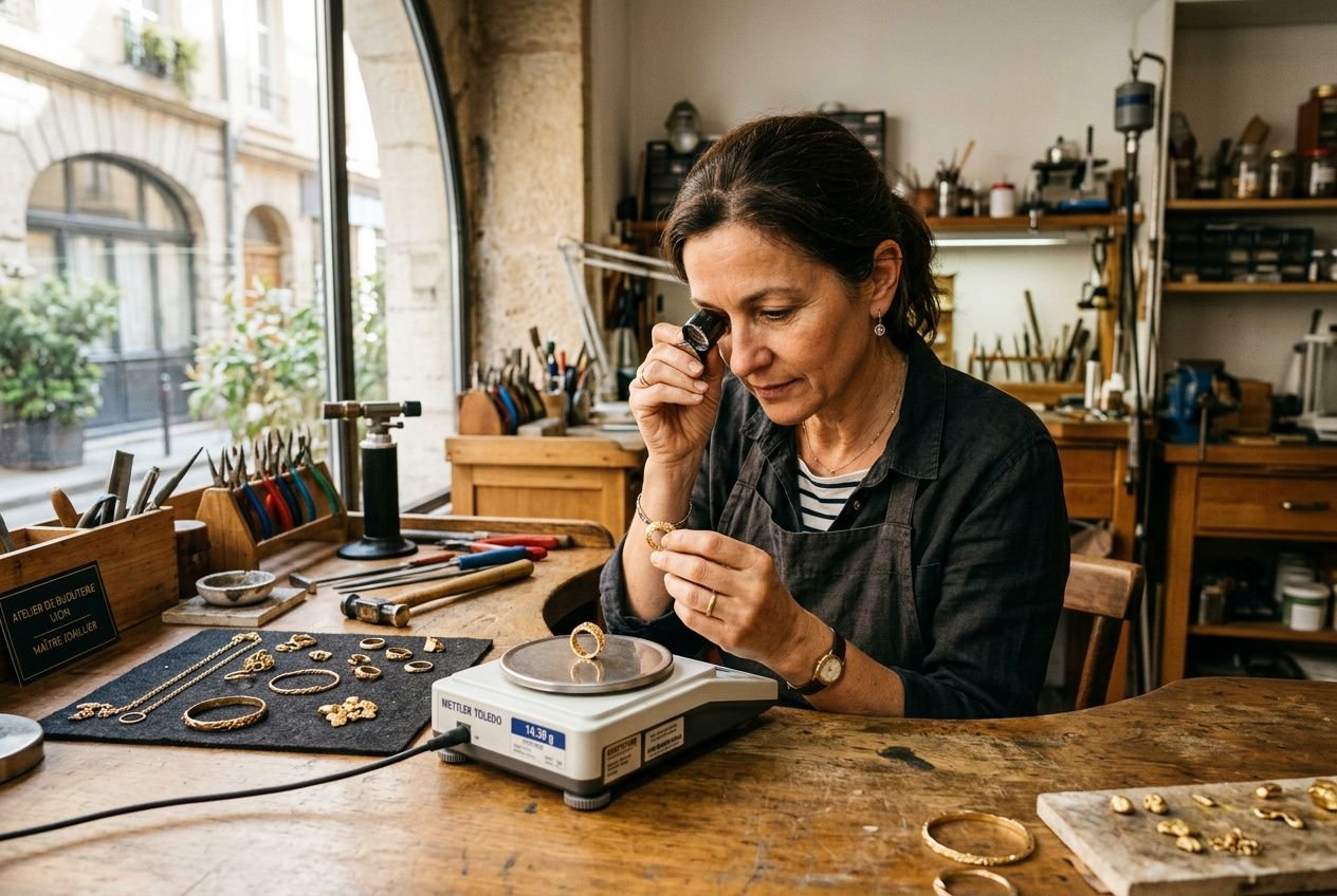 Femme entourée de bijoux dans un atelier, pesant une bague sur une balance; scène de rachat d’or à Lyon 3.