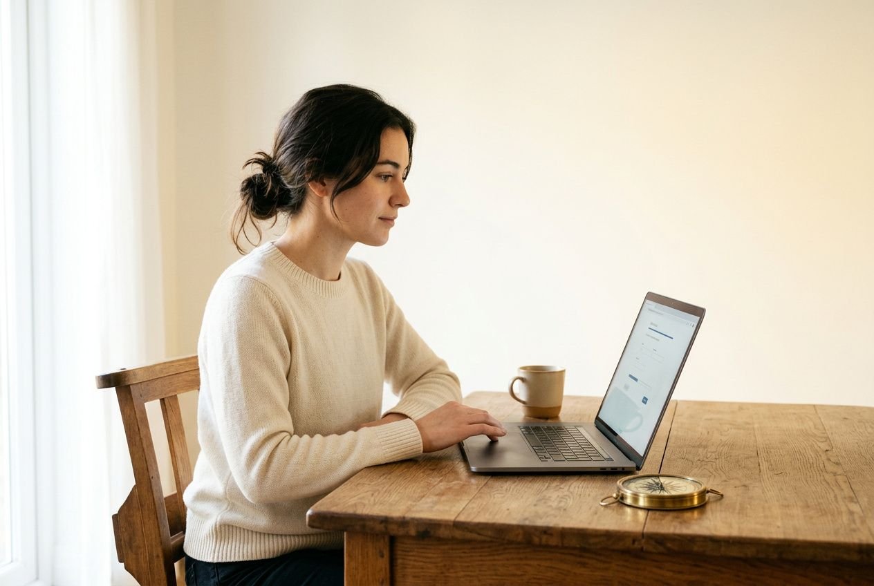 Femme travaillant sur un ordinateur portable à domicile, assise à une table en bois, penseuse, avec une tasse et une montre dorée à côté. comment savoir son orientation être intégré naturellement.