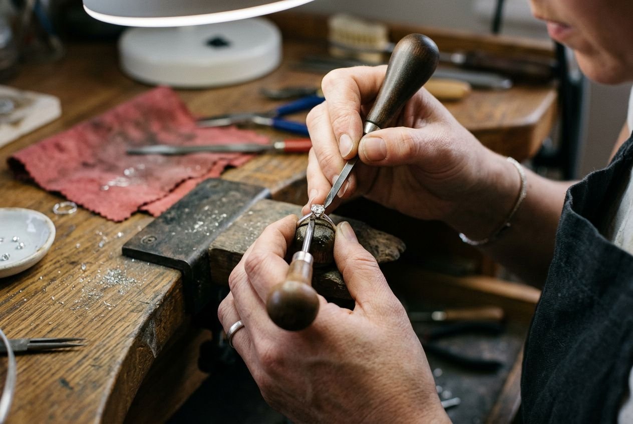 Formateur en bijouterie travaillant sur un bijou avec outils, sur un établi, dans un atelier. formation en bijouterie pour adultes lyon.
