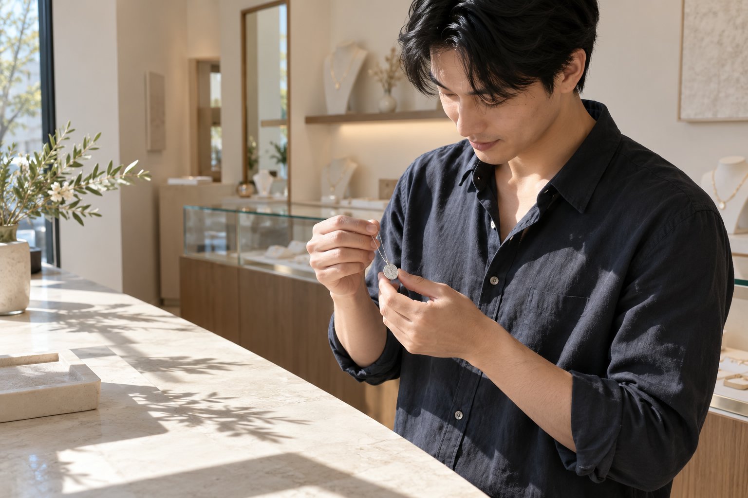 Un homme contemple une montre sur son poignet dans une boutique lumineuse.
