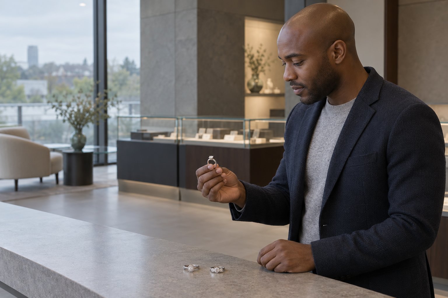 Un homme examine une bague de fiançailles avec un esprit contemplatif dans une boutique élégante.