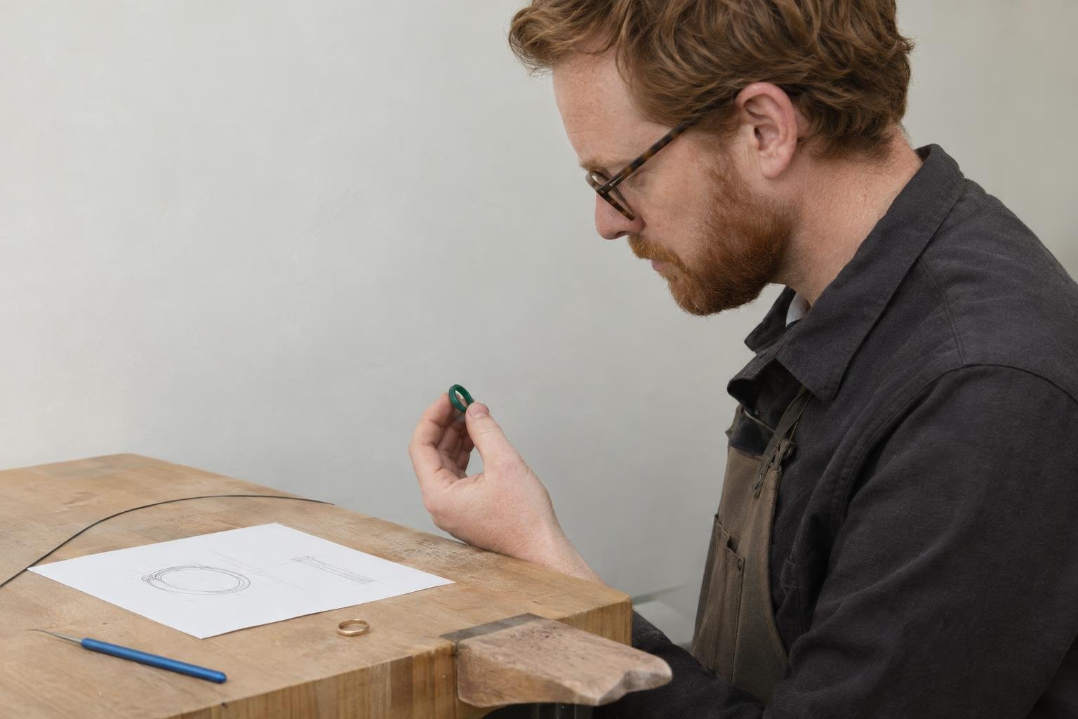 Un homme avec lunettes travaille à un atelier, tenant un petit bijou vert dans la main près d’un plan et d’un crayon sur le