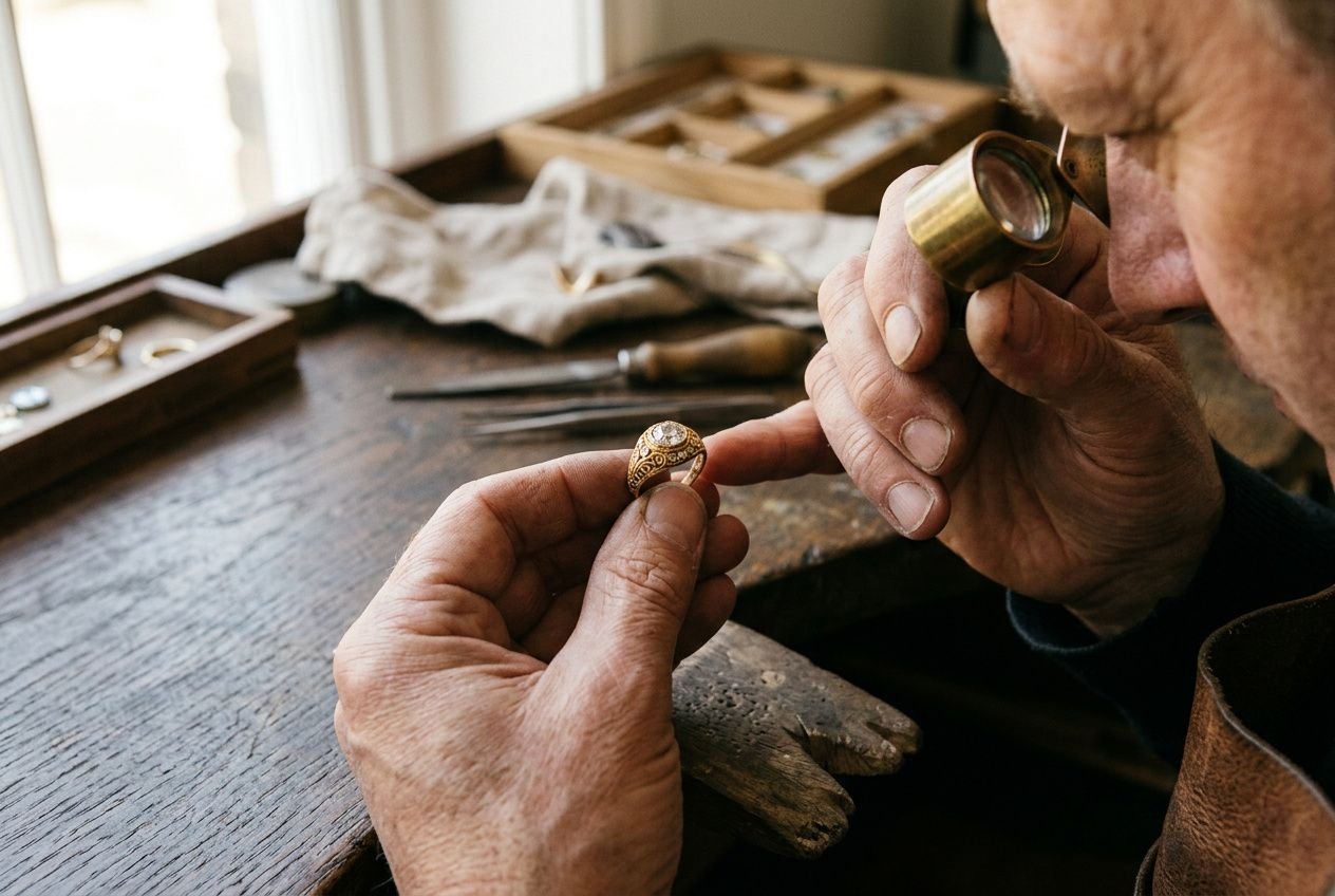 Main artisan joaillier travaillant sur un anneau en or à l’aide d’un usinage, transformation bijoux paris et modernisation de pièce.