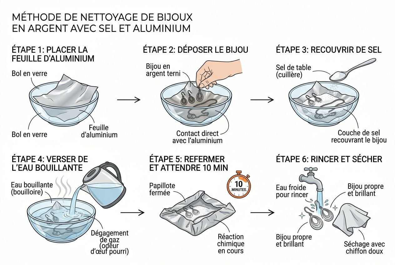 Méthode illustrée pour nettoyer de l'argent devenu noir: étapes avec bicarbonate, sel et eau bouillante pour faire briller un bijou en argent.