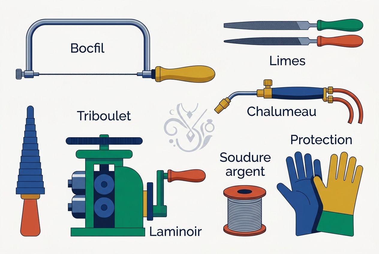 Outils de bijouterie et matériel: scie à métaux, lime et limes, soutenance et charbon, laminoir, triboulet, protection des mains et fil de soudure argent. Cours de bijouterie en contexte