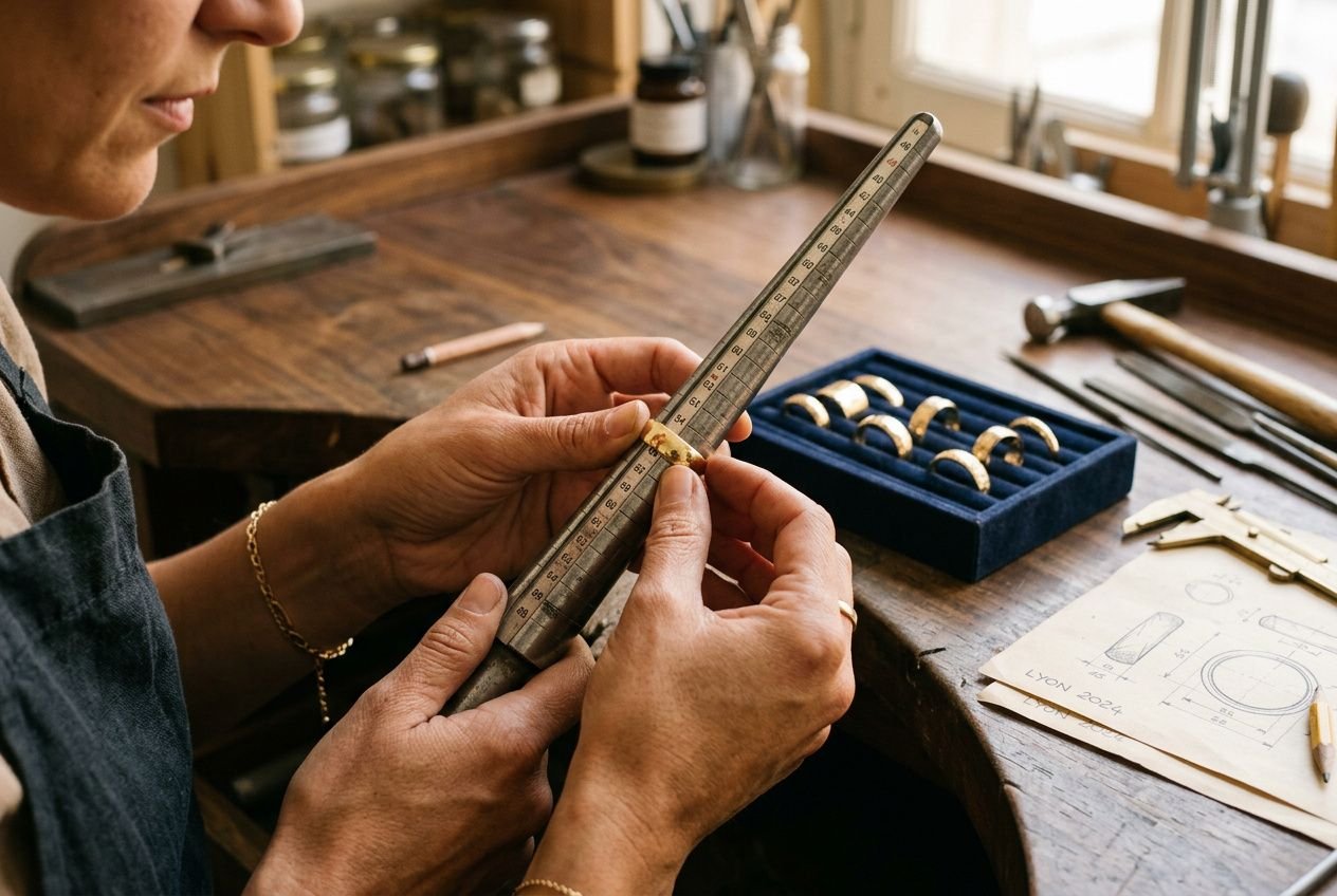 Ouvrier ajustant une bague sur un gabarit de mesure, planchette à outils et bijoux en arrière-plan. alliance mariage choisir intégrée naturelle.