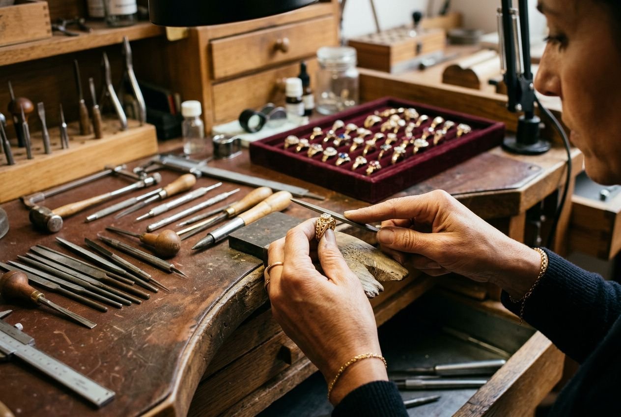 Ouvrier bijoutier travaillant sur un anneau avec outils artisanaux, perchée sur un établi en bois. pourquoi acheter bijou artisanal.