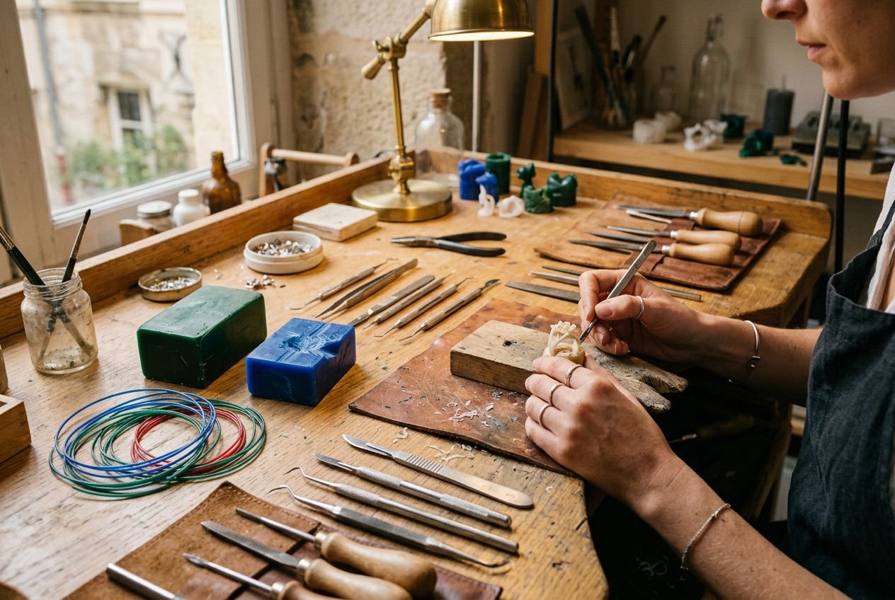 Ouvrière en atelier de bijouterie sculptant de la cire pour bijoux, entourée d’outils et d’un plan de travail. Cire bijouterie et matériel autour.