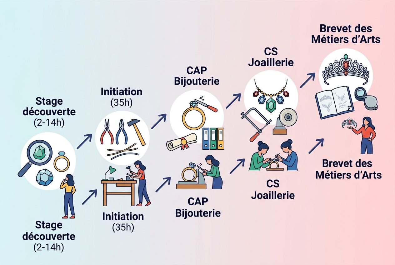 Parcours illustré de formation en bijouterie pour adultes lyon: étapes du stage découverte à la CAP Bijouterie, puis CS Joaillerie et Brevet des Métiers d’Arts.