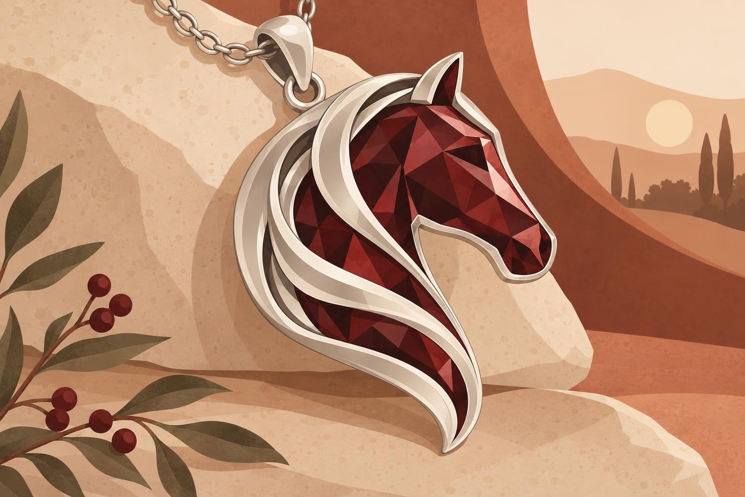 Pendentif cheval en forme de tête de cheval rouge foncé avec des reflets argentés, sur chaîne, dans un décor désertique doré. Bijoux artisanaux pierres naturelles.