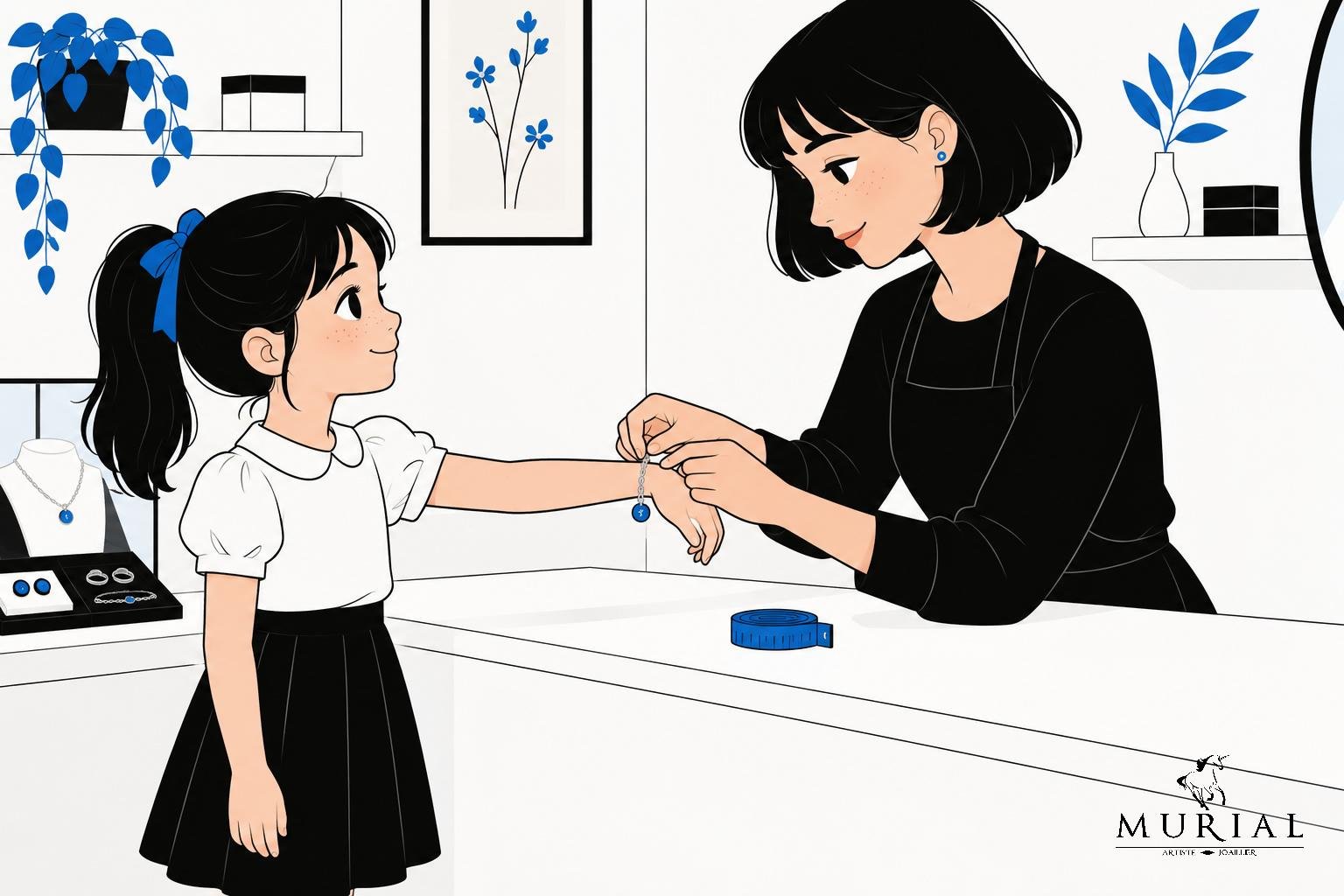 Une petite fille se fait mesurer et accompagne la vendeuse qui lui tient un bracelet à l’atelier.