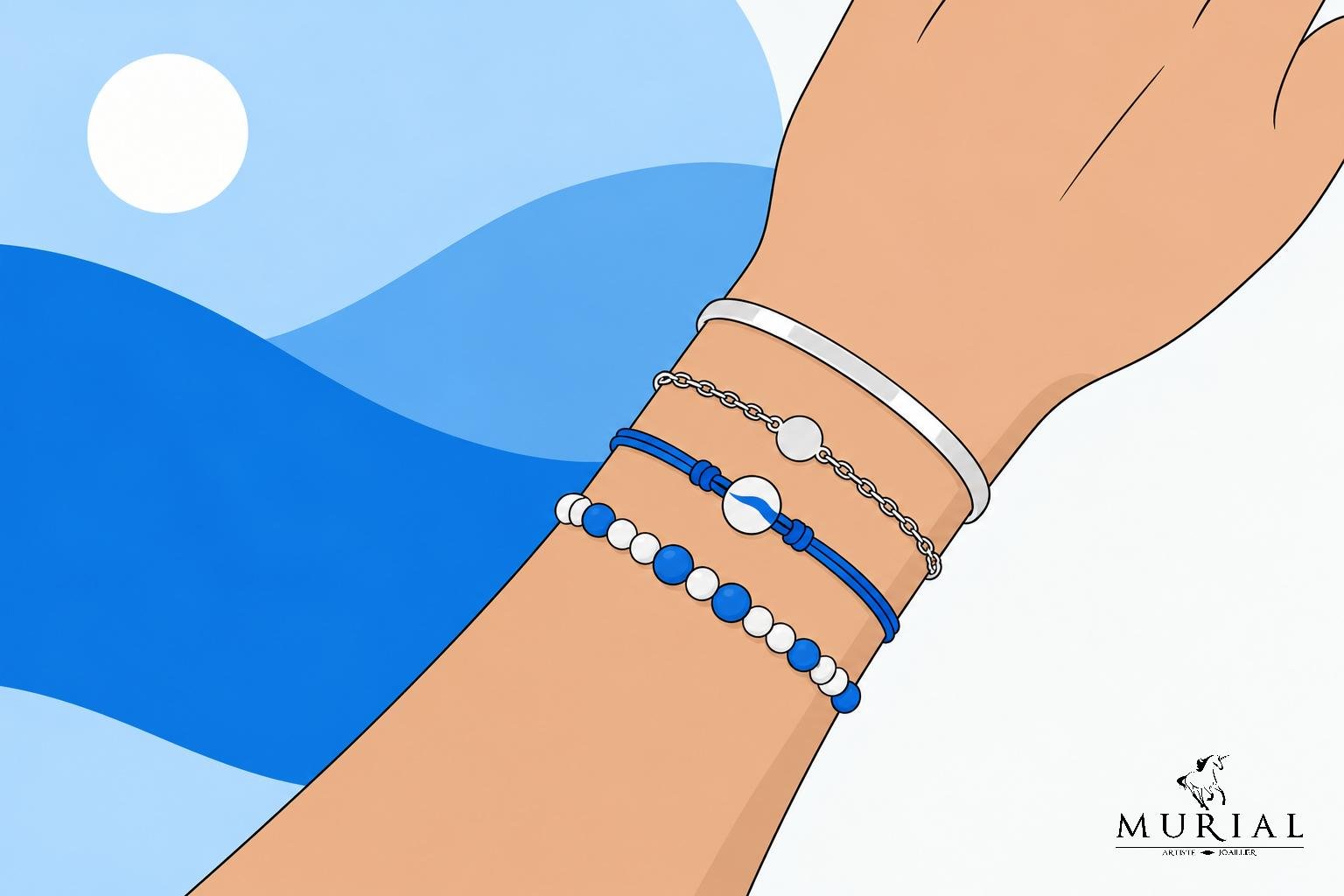 Poignet avec plusieurs bracelets bleus et argentés de styles variés.