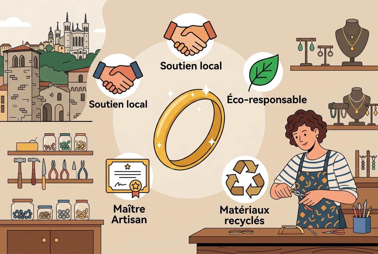 Pourquoi acheter bijou artisanal : décor atelier avec artisan au travail, bijoux recyclés et matière locale, soutiens locaux et savoir-faire artisanal.