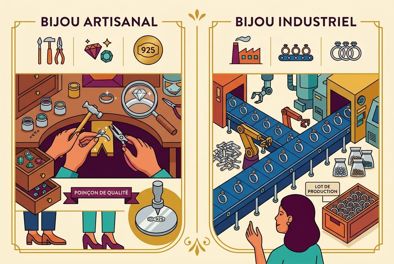 Pourquoi acheter bijou artisanal : scène d’atelier joaillerie avec outils, mains au travail, et chaîne de production artisanale, soulignant l’authenticité et le savoir-faire.