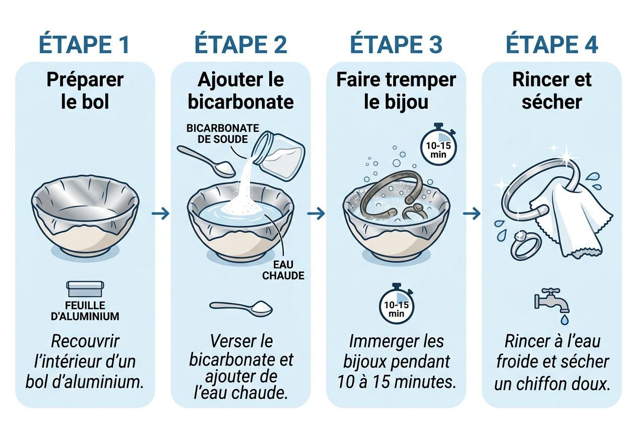 Procédé étape par étape pour nettoyer l’argent: bol, addition de bicarbonate et eau chaude, immersion des bijoux 10–15 min, puis rinçage à l’eau et essuyage. intégration: "comment enlever oxydation argent" dans la description naturelle.