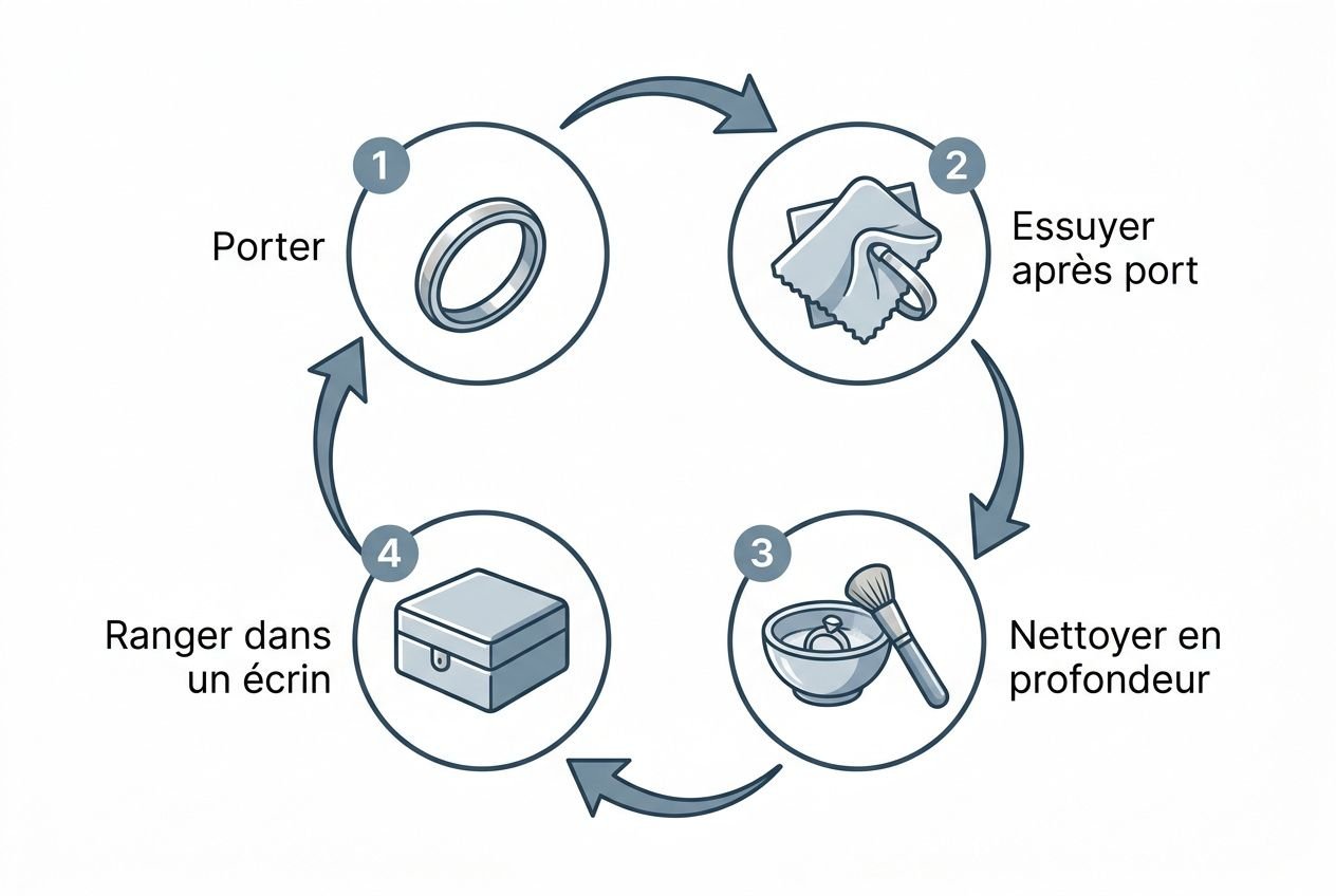 Processus en 4 étapes pour nettoyer des bijoux en argent sans les abîmer: porter, essuyer après port, nettoyer en profondeur, ranger dans un écrin.