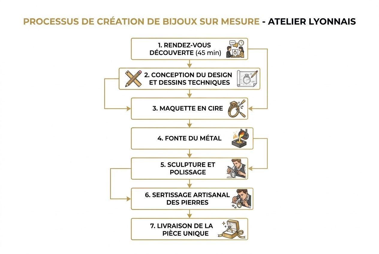 Processus de création de bijoux sur mesure par un artisan bijoutier créateur à l’atelier lyonnais, montrant les étapes de conception à la livraison.