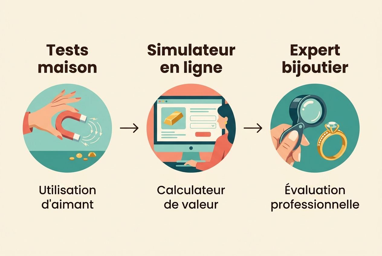 Processus d’estimation : tester l’or à domicile, simulateur en ligne et évaluation professionnelle pour connaître comment connaître la valeur d'un bijou en or.