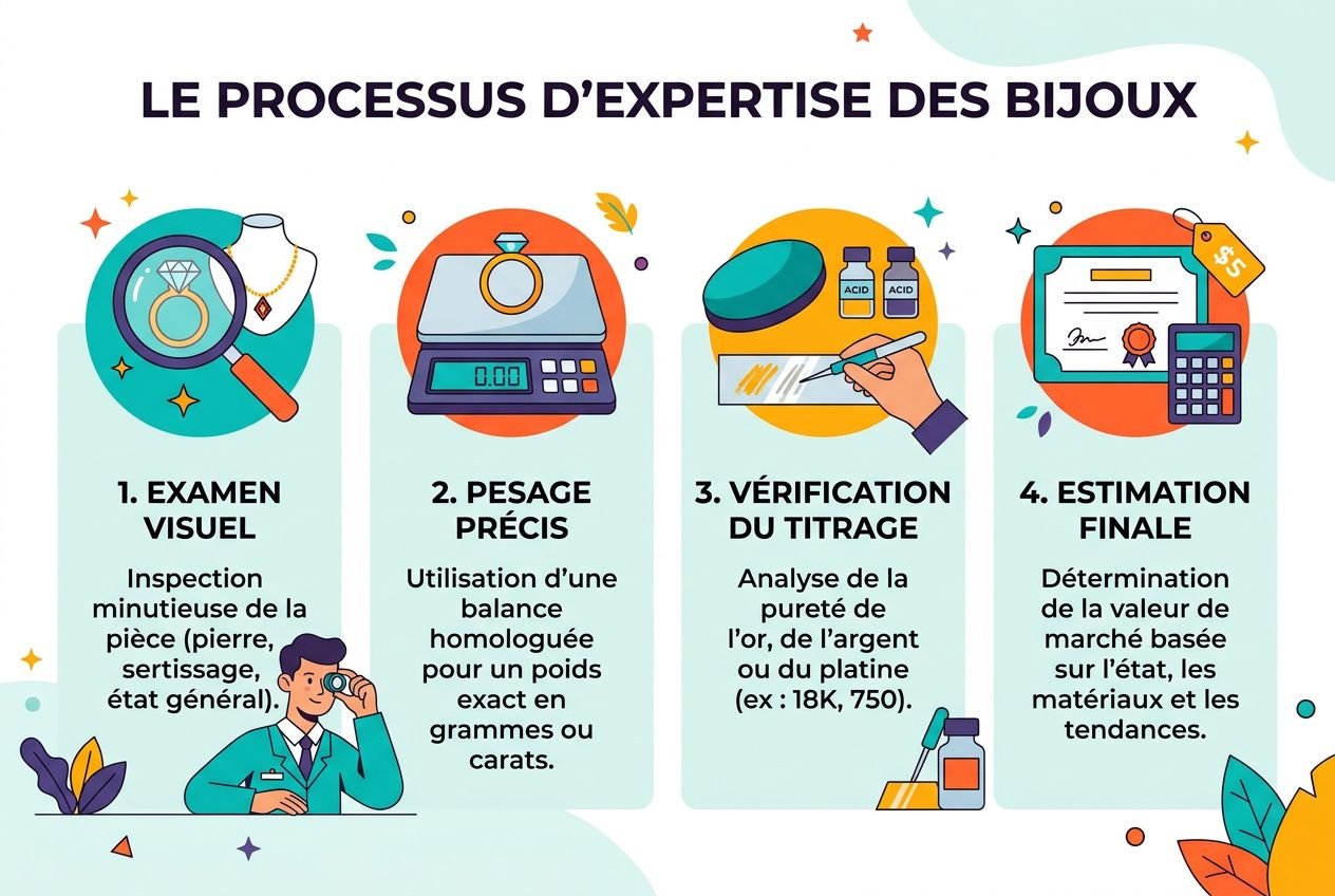 Le processus d’expertise des bijoux: 4 étapes illustrées (Examen visuel, Pesage précis, Vérification du titrage, Estimation finale) pour évaluer et racheter des bijoux en or. ou vendre ses bijoux en or lyon.