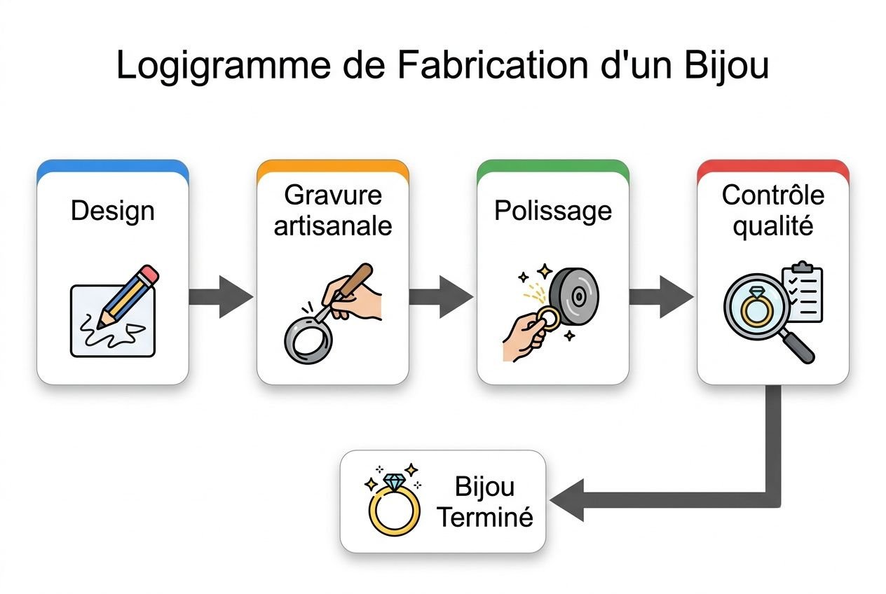 Processus de fabrication d'un bijou : design, gravure artisanale, polissage et contrôle qualité jusqu'au collier argent personnalisé terminé.