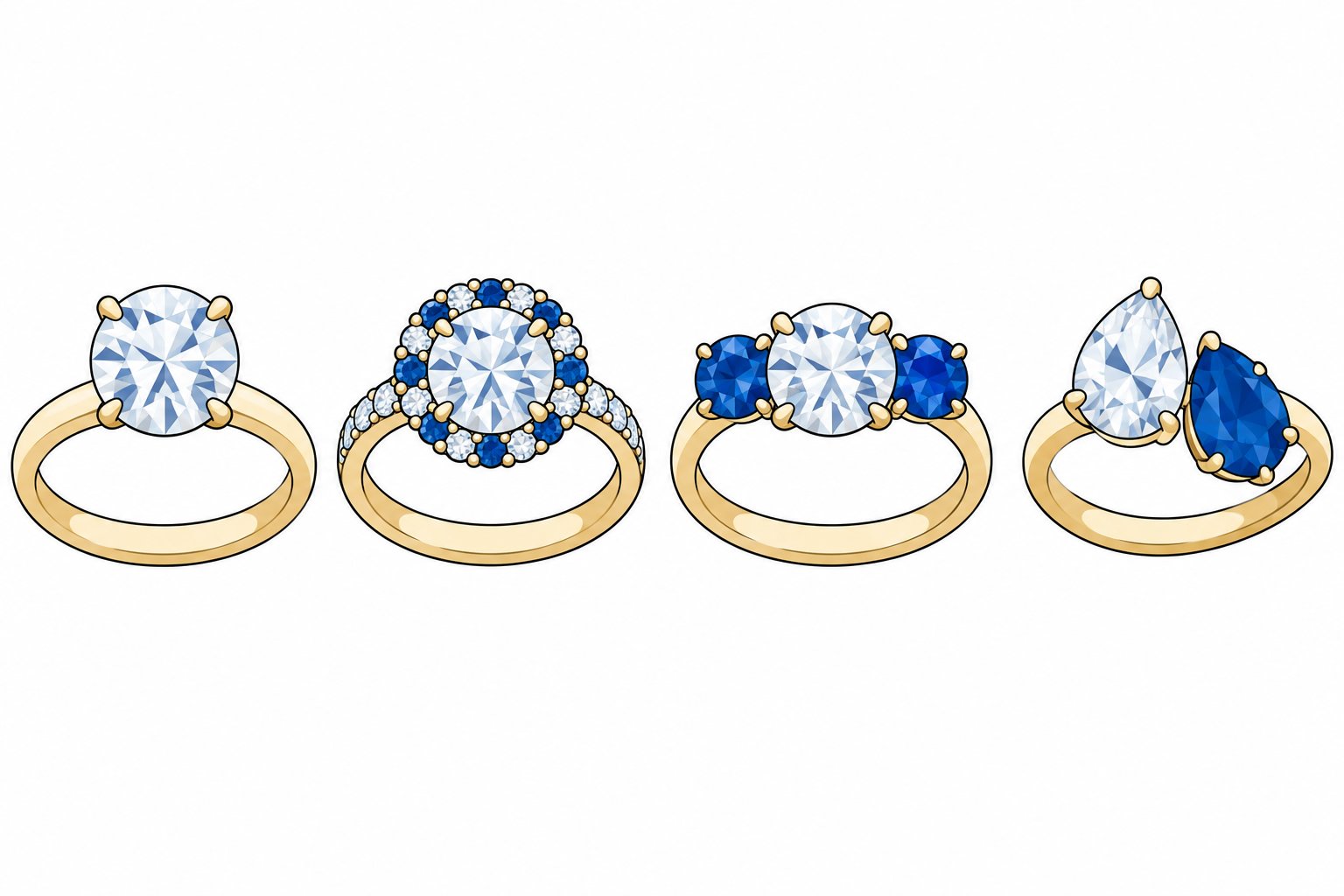 Quatre bagues en or avec des diamants ou pierres bleues présentées côte à côte.