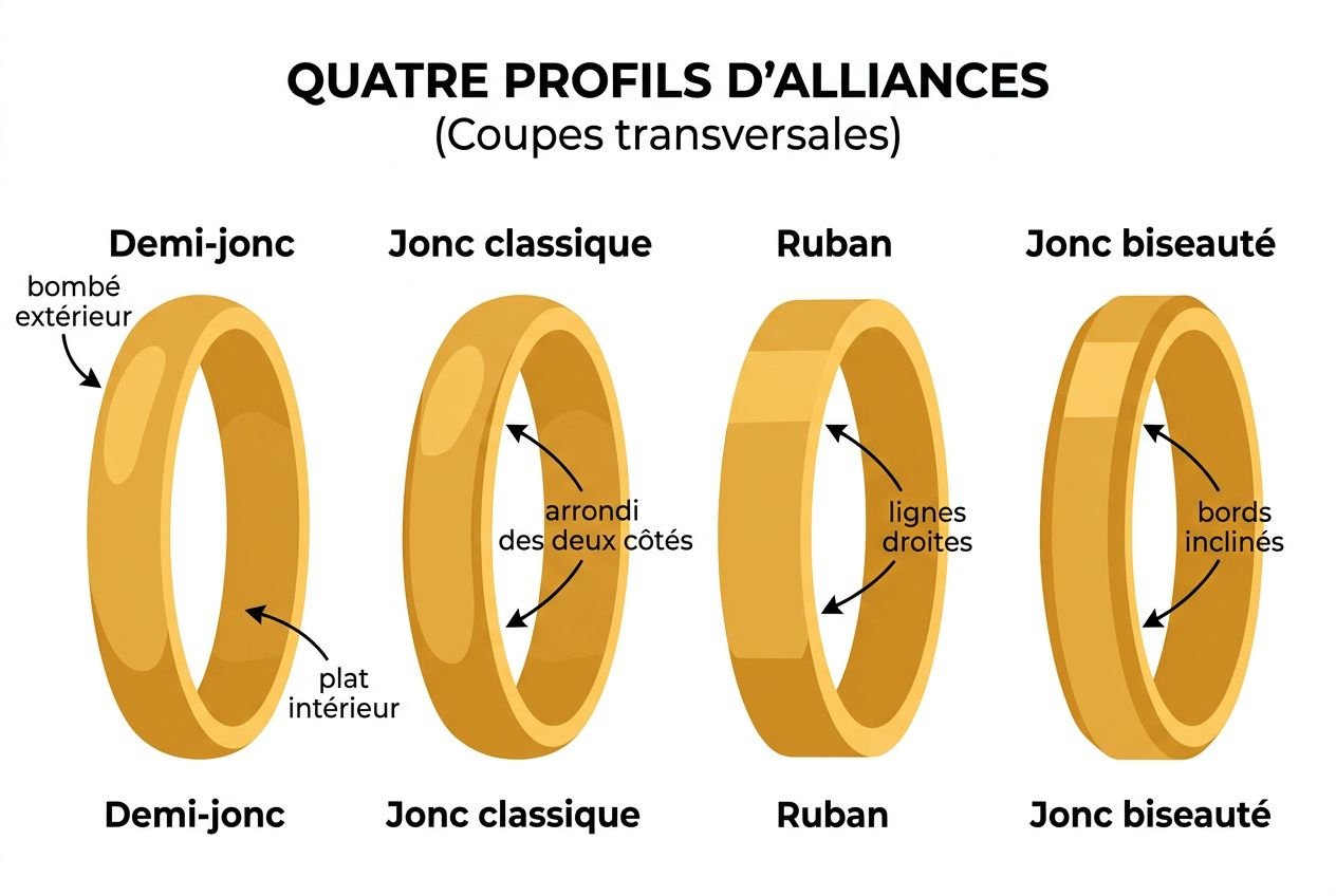 Quatre profils d’alliances : demi-jonc, jonc classique, ruban et jonc biseauté, montrant forme et détails de chaque modèle. alliance mariage choisir intégré.