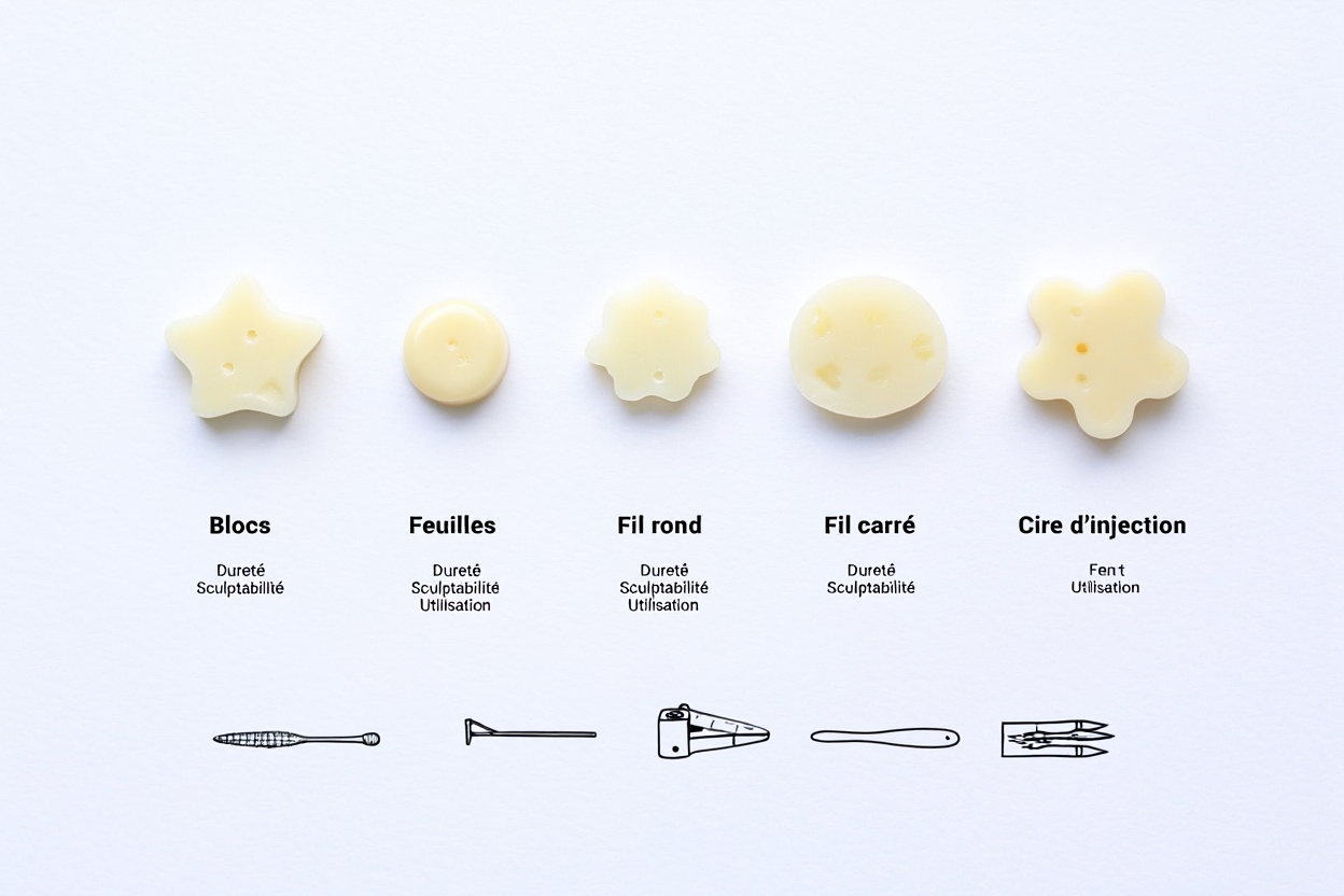 Rangée de petites formes en cire utilisées pour la technique cire perdue bijoux: blocs, feuilles, fil rond, fil carré et cire d’injection, montrant les étapes de sculpture et de modelage.