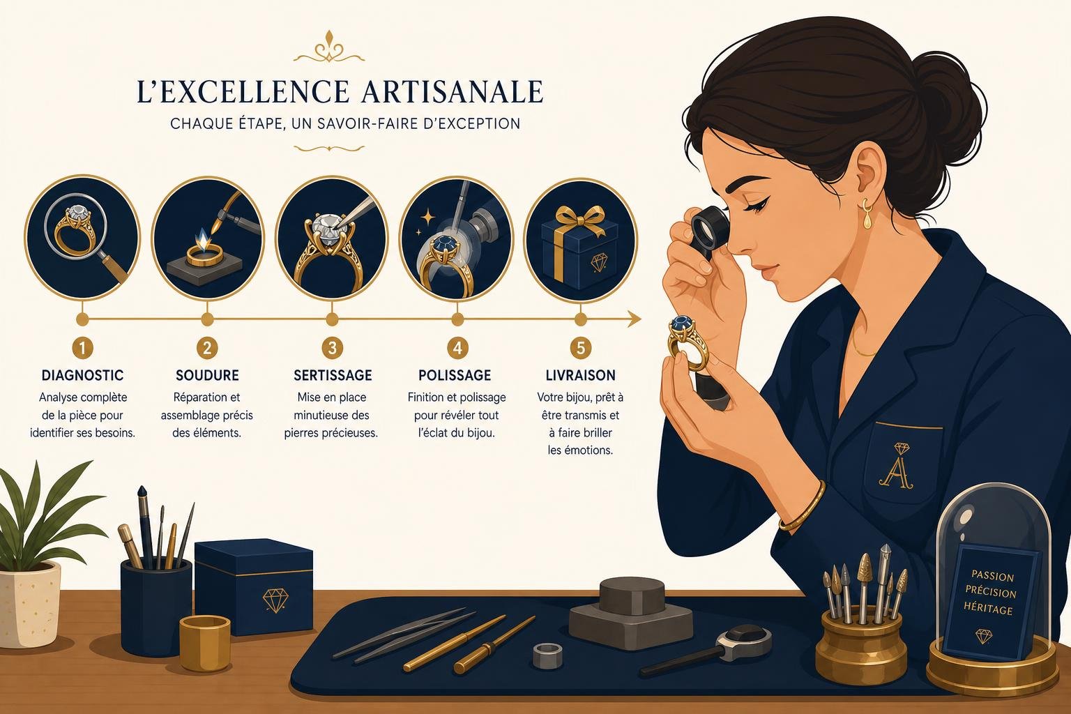 Réparation bijoux anciens : artisan vérifiant et repositionnant pierre précieuse, outils de bijouterie et contexte de restauration délicate.