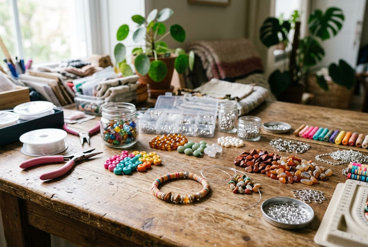 Table de choix d’outils et perles pour fabriquer des bijoux à domicile, avec pinces, fils et rangements.