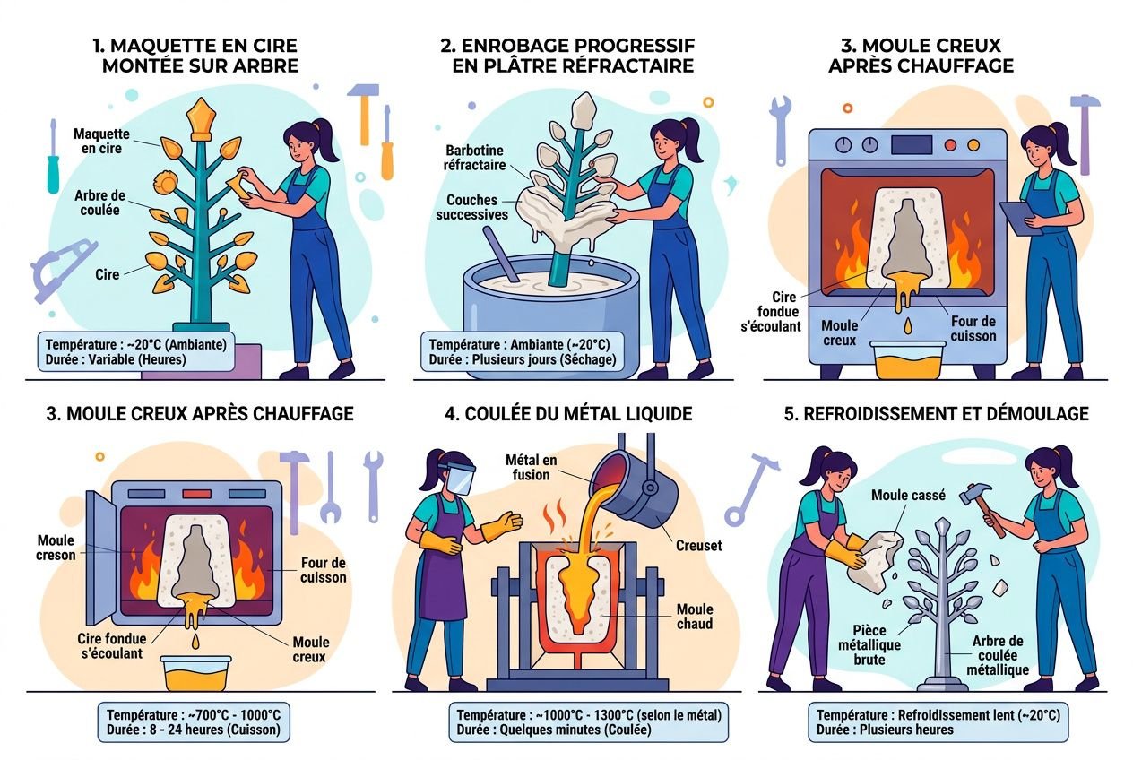 Technique cire perdue bijoux : étapes illustrées de la maquette en cire à la fonte et refroidissement des bijoux.